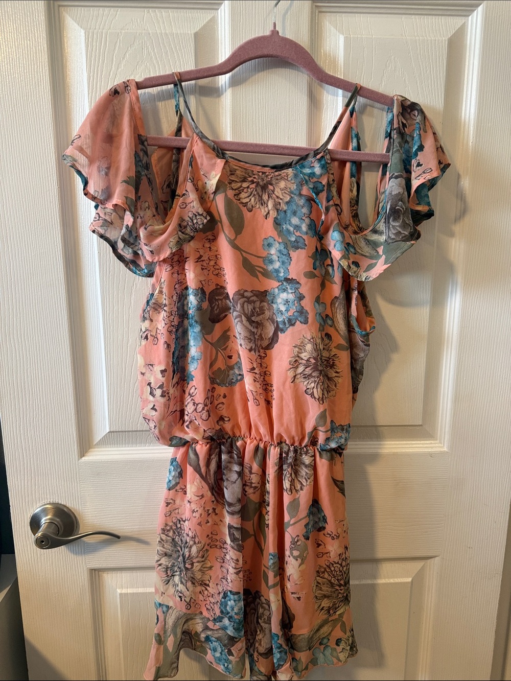 Peach Love California Peach Floral Cold-Shoulder Romper with Blue Accents